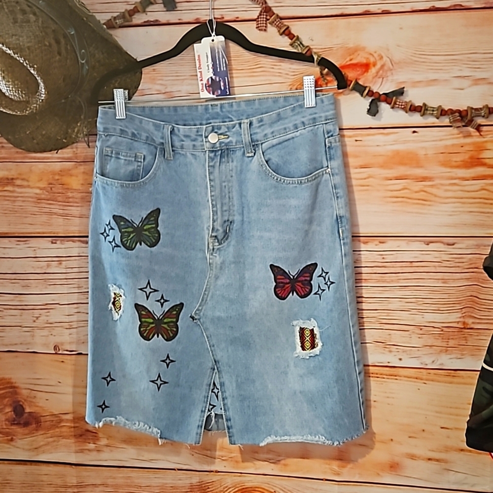 HANDMADE☆UPCYCLED "SHEIN" HIGH WAIST "FLUTTERBY DENIM" SUMMER SKIRT!🦋 SZ~ LARGE